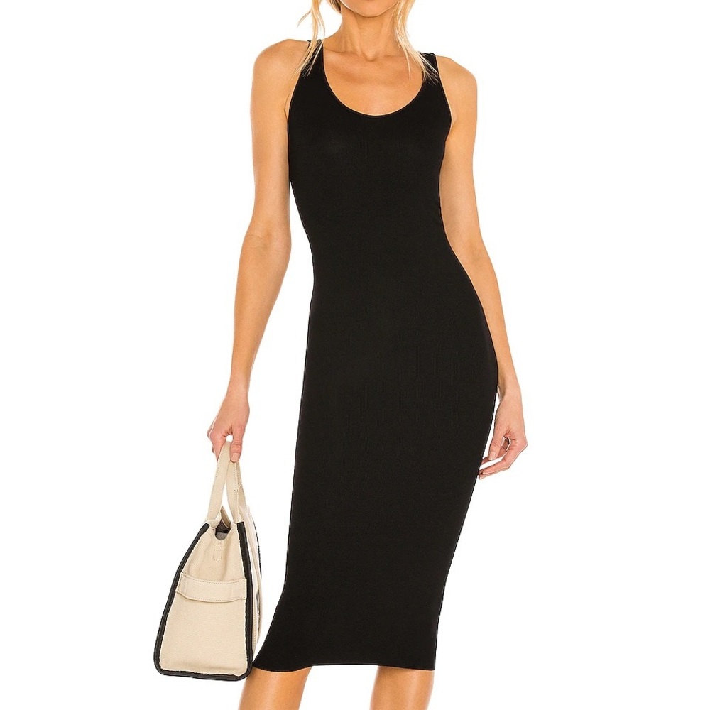 Enza Costa Ribbed Stretch Cotton Black Sleeveless Scoop Midi Tank Dress